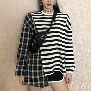 Check Panel Striped Loose-fit Long-sleeve T-shirt