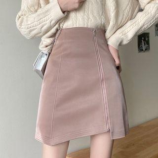 Asymmetrical Faux Leather Zip-up Mini Skirt
