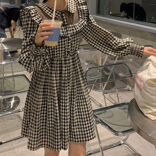 Long-sleeve Plaid Mini A-line Shirt Dress Dress - Plaid - Black - One Size