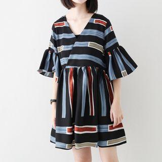 Striped Elbow-sleeve Chiffon Dress