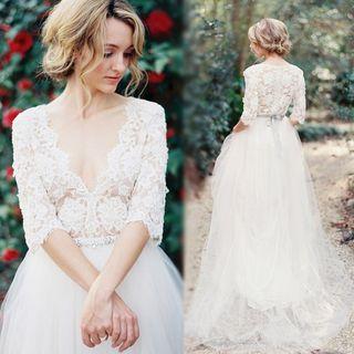 Deep V Neck Lace Wedding Dress