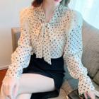 Long-sleeve Dotted Tie-neck Lace Trim Blouse