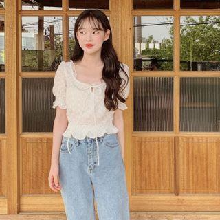 Short-sleeve Frill Trim Cropped Lace Top