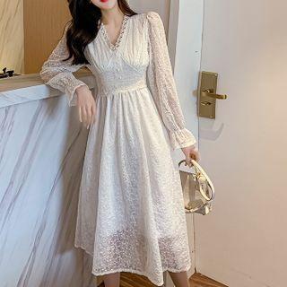 Bell-sleeve V-neck Lace Midi A-line Dress