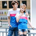 Couple Matching Striped Short Sleeve T-shirt/ Short Sleeve Cropped Top + Tank Top