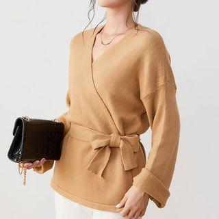 Bow V-neck Sweater Khaki - One Size