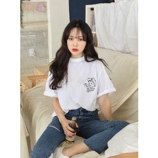 Elbow-sleeve Illustration Lettering T-shirt