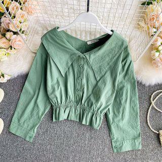 Lapel Plain Puff Long-sleeve Crop Top