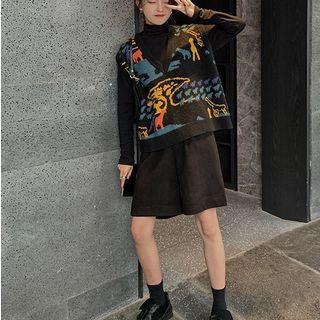 V-neck Printed Knit Vest Vest - Multicolor Print - Black - One Size
