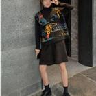 V-neck Printed Knit Vest Vest - Multicolor Print - Black - One Size
