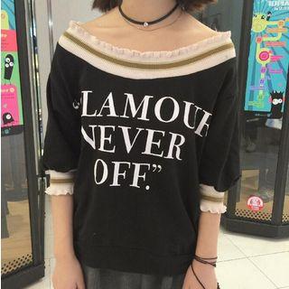 Elbow-sleeve Off Shoulder Lettering T-shirt