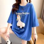 Elbow-sleeve Lettering Duck Print T-shirt