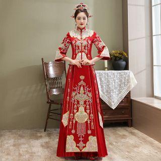 Set: Elbow-sleeve Embroidered Rhinestone Chinese Wedding Cheongsam + Maxi Skirt