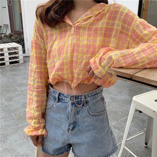 Long-sleeve Crop Plaid Top