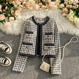 Houndstooth Contrast-trim Tweed Blazer