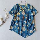 Traditional Chinese Short-sleeve Floral Print Linen Top