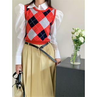 Argyle Knit Vest / High-waist Midi Skirt