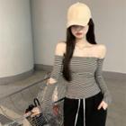 Long-sleeve Off-shoulder Striped Slim-fit Top / Loose-fit Pants (various Designs)