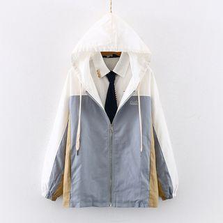 Cat Print Neck Tie / Plain Shirt / Hooded Paneled Zip Jacket