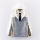 Cat Print Neck Tie / Plain Shirt / Hooded Paneled Zip Jacket