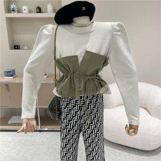 Puff-sleeve Round-neck Panel Top