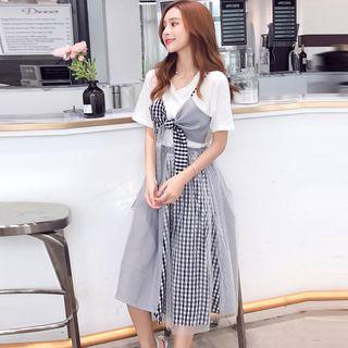 Set: Short-sleeve Mock Two-piece T-shirt + Mesh Overlay Plaid A-line Skirt