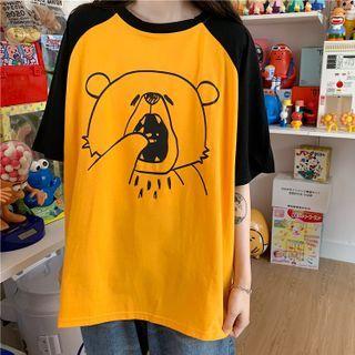 Elbow-sleeve Bear Print Raglan T-shirt