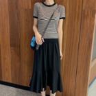 Short-sleeve Plaid Knit Top / Midi A-line Skirt