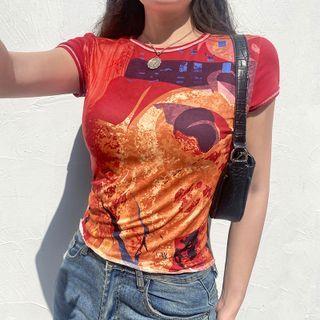 Short-sleeve Print Contrast Top