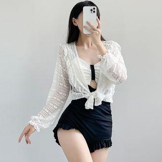 Set: Spaghetti-strap Two-tone Swimsuit + Cover-up