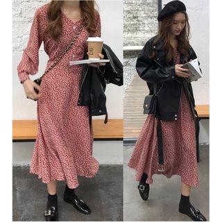 Zip-up Biker Jacket / Long-sleeve Floral Print Midi Dress