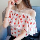 Dotted Panel Cut Out Shoulder Short Sleeve Chiffon Blouse