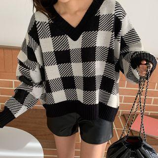Drop-shoulder Gingham Knit Top