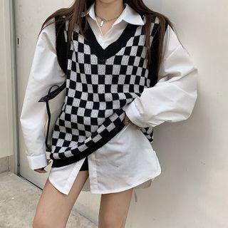 Long-sleeve Shirt / Checkered Sweater Vest