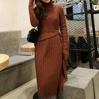Turtleneck Accordion Pleat Midi Knit Dress
