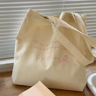 Lettering Embroidered Canvas Tote Bag Off-white - One Size