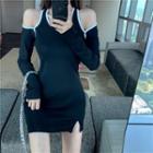 Contrast Trim Cold-shoulder Mini Bodycon Dress Black - One Size