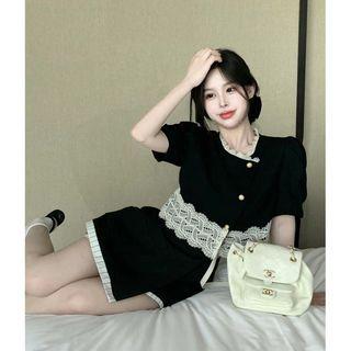 Short-sleeve Lace Panel Button-up Jacket / Mini A-line Skirt
