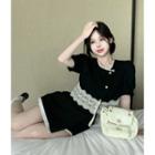 Short-sleeve Lace Panel Button-up Jacket / Mini A-line Skirt