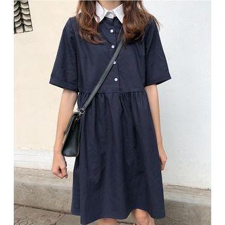 Short-sleeve A-line Shirt Dress Navy Blue - One Size