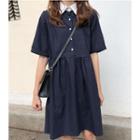 Short-sleeve A-line Shirt Dress Navy Blue - One Size