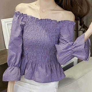 Plaid Off Shoulder 3/4 Sleeve Blouse