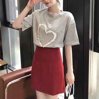 Set: Heart Print Short-sleeve T-shirt + Mini A-line Skirt