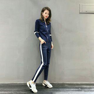 Set: Contrast Trim Zip Cardigan + Cropped Knit Skinny Pants