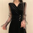 V-neck Mesh-sleeve Velvet Midi A-line Dress