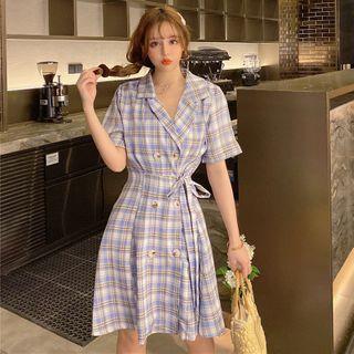 Plaid Short-sleeve Drawstring Waist Shirt Dress
