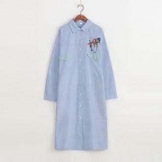 Long-sleeve Embroidered Striped Shirt Dress