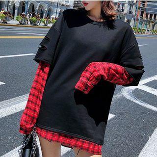 Mock Two Piece Plaid Panel Long Sleeve T-shirt