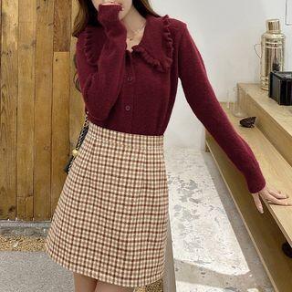 Collared Cardigan / Plaid Mini A-line Skirt / Set
