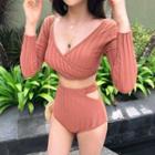 Set: Long-sleeve Swim Top + High-waist Cutout Bottom